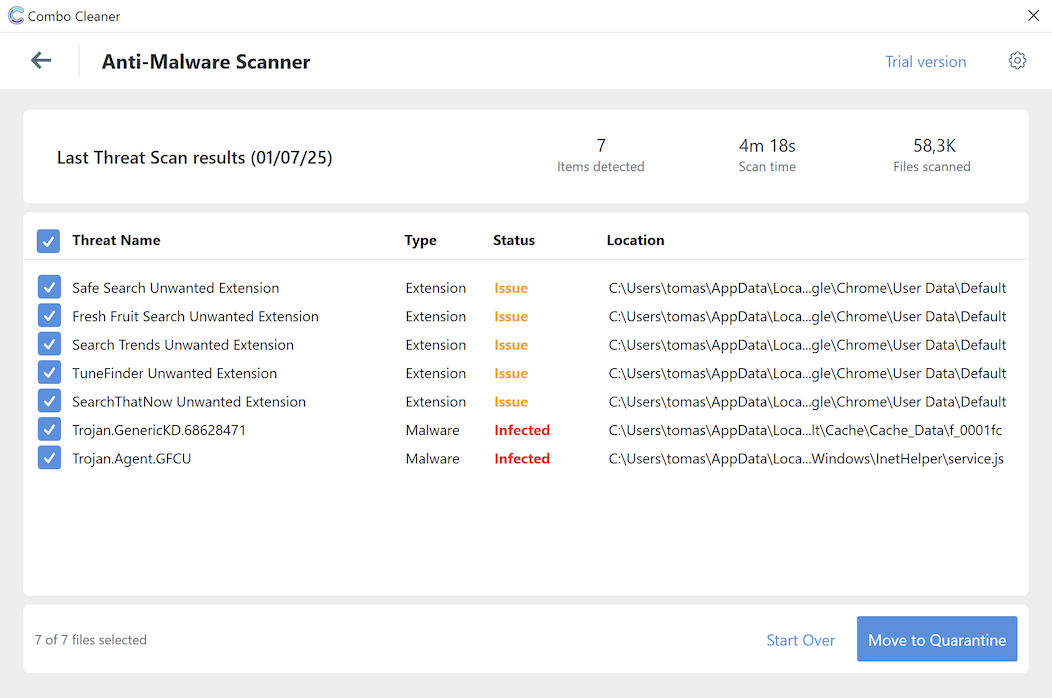 Combo Cleaner rogue Extensions remover Windows screen